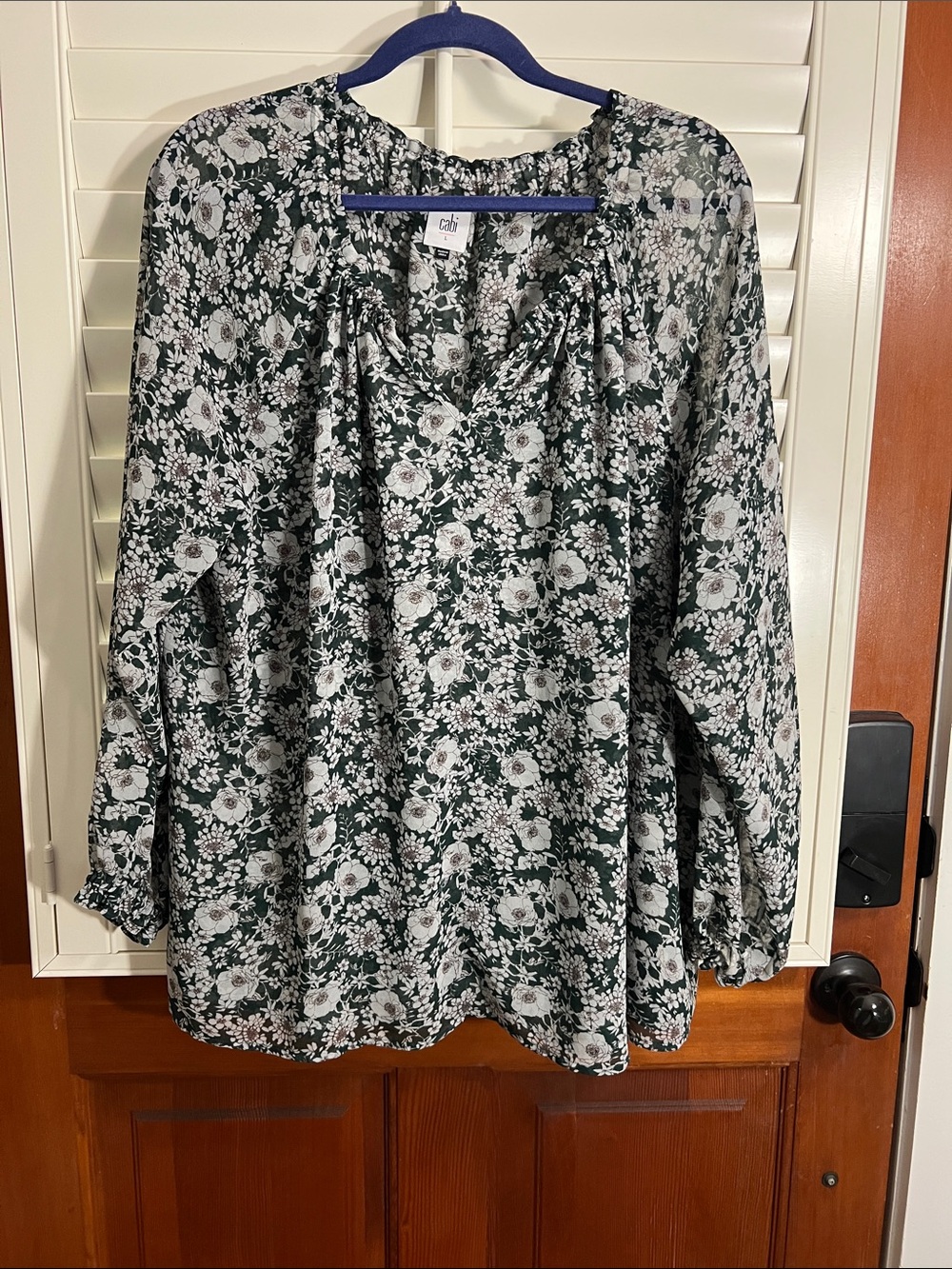 CAbi Dark Green Floral Peasant Blouse
